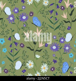 Gorgeous seamless floral pattern with flowers. Endless design with delicate wild flowers for printing and decoration. Repeatable botanical backdrop Stock Vector