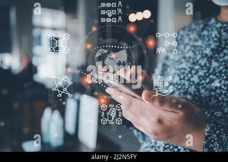 Transaction Artificial Intelligence and Technology Block Chain Connection. Security Transaction for Business Banking and E-Commerce. Global Money Tran Stock Photo