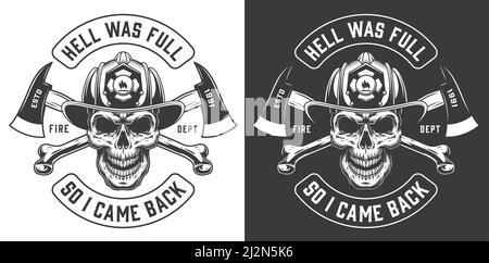 Vintage monochrome firefighter skull in fireman helmet and gas mask ...