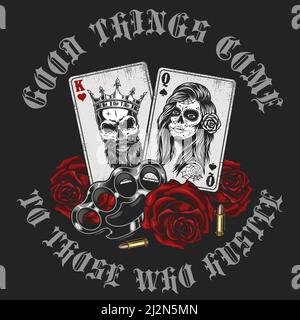 Gangsta concept with playing card, roses and knuckles. Vector illustration Stock Vector