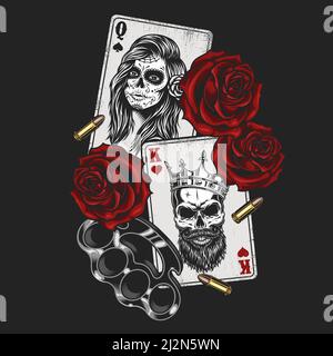 Gangsta concept with playing card, roses and knuckles. Vector illustration Stock Vector