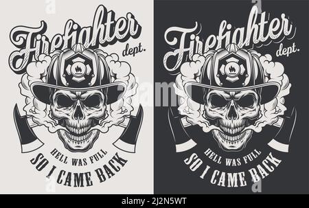 Vintage monochrome firefighter skull in fireman helmet and gas mask ...