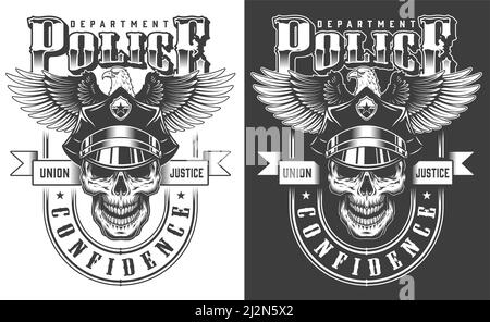Vintage monochrome policeman label with skull in police hat and eagle isolated vector illustration Stock Vector