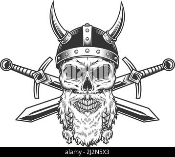 Vintage bearded viking skull in horned helmet with crossed swords on white background isolated vector illustration Stock Vector