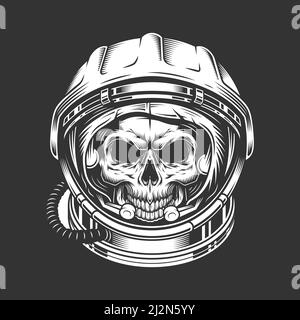 Vintage astronaut skull in space helmet in monochrome style isolated vector illustration Stock Vector