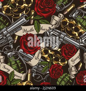 Seamless vector pattern. Vector illustration with revolvers, roses, and ribbons Stock Vector