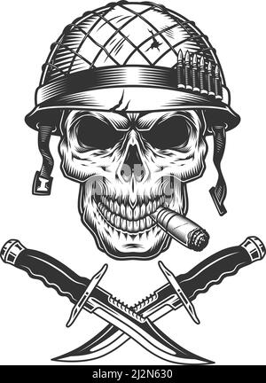 Vintage Monochrome Soldier Skull Smoking Cigar In Smoke Cloud With 