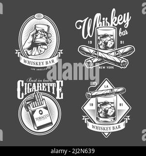 Vintage men's club logotypes with inscriptions glasses of whisky cigars cigarette pack in monochrome style isolated vector illustration Stock Vector