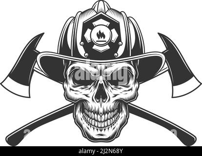 Vintage fireman skull in firefighter helmet with crossed axes in monochrome style isolated vector illustration Stock Vector