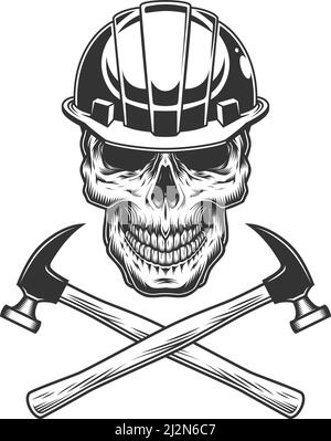 Vintage builder skull with crossed hammers in monochrome style isolated vector illustration Stock Vector