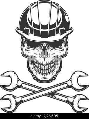 Vintage monochrome skull in builder helmet with crossed wrenches isolated vector illustration Stock Vector