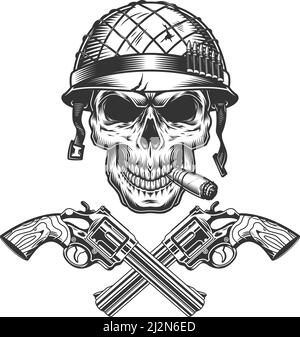 Vintage monochrome soldier skull smoking pipe in helmet with crossed guns isolated vector illustration Stock Vector
