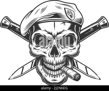 Vintage monochrome soldier skull in beret with cigar and crossed knives isolated vector illustration Stock Vector