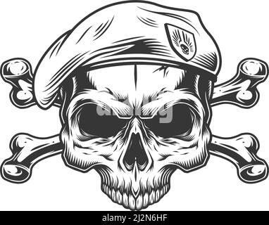 Soldier skull without jaw in helmet with crossbones in vintage ...