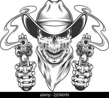 Vintage cowboy skull in neck scarf and skeleton hands holding guns isolated vector illustration Stock Vector