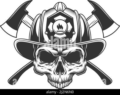 Vintage monochrome firefighter skull in fireman helmet and gas mask ...