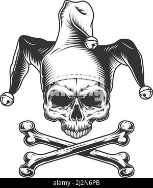 Vintage jester skull without jaw and crossbones in monochrome style isolated vector illustration Stock Vector