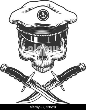 Vintage sea captain skull without jaw and crossed knives isolated vector illustration Stock Vector