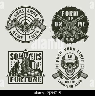 Vintage military monochrome prints with crossed pistols assault rifles army footwear special forces soldier skull isolated vector illustration Stock Vector