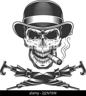 Vintage monochrome skull in fedora hat smoking cigar with crossed umbrellas isolated vector illustration Stock Vector