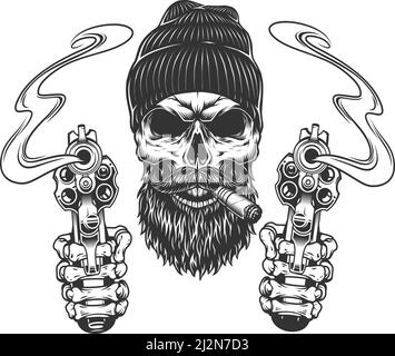 Bearded and mustached gangster skull in beanie hat smoking cigar and skeleton hands holding pistols isolated vector illustration Stock Vector