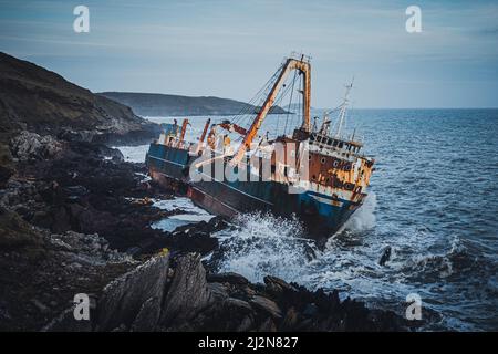 The MV Alta, an unmanned General Cargo ship which washed up on the South-east coast of Ireland in County Cork, on the 16th of February 2020, after Stock Photo