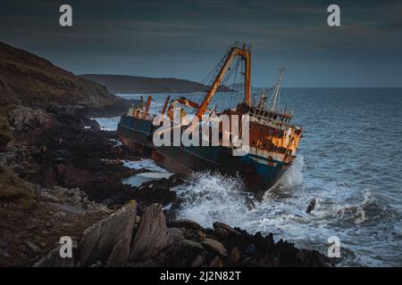 The MV Alta, an unmanned General Cargo ship which washed up on the South-east coast of Ireland in County Cork, on the 16th of February 2020, after Stock Photo