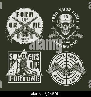 Monochrome army and military emblems with crossed handguns assault rifles special forces soldier skull and military boots in vintage style isolated ve Stock Vector