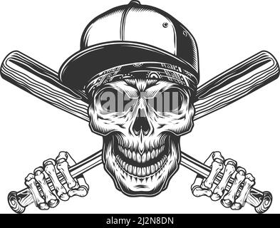 Skull in baseball cap and bandana with skeleton hands holding bats in vintage monochrome style isolated vector illustration Stock Vector