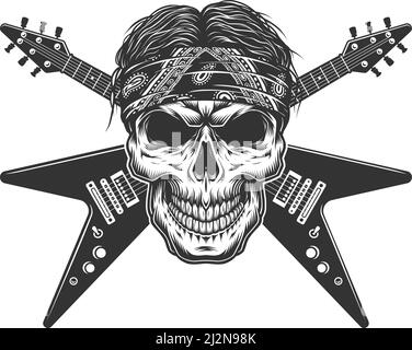 vector illustration of crossed guitars and skull with bonnet and ...