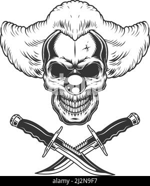 Vintage scary clown skull with crossed knives in monochrome style isolated vector illustration Stock Vector