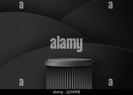 Realistic dark 3D cylindrical pedestal with black wavy layers. Vector abstract studio podium. Minimal scene for showcasing products, advertising Stock Vector