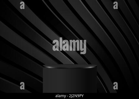 Realistic black 3D cylindrical pedestal on background with black wavy layers. Vector abstract studio room. Minimal scene for showcasing products Stock Vector