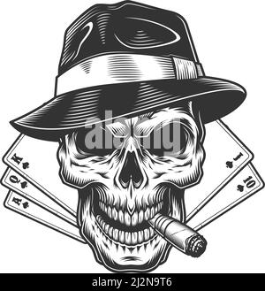 Vintage monochrome gambling concept with skull smoking pipe in fedora hat and playing cards isolated vector illustration Stock Vector