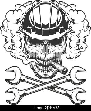 Builder skull smoking cigar in smoke cloud with crossed wrenches in vintage monochrome style isolated vector illustration Stock Vector