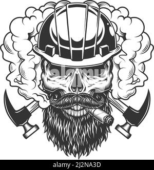 Vintage monochrome builder skull in smoke with beard mustache and crossed axes isolated vector illustration Stock Vector