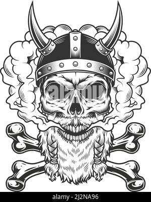 Bearded and mustached viking skull and crossbones in smoke cloud in vintage monochrome style isolated vector illustration Stock Vector