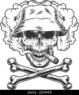 Skull in panama hat smoking cigar in smoke cloud with crossbones in vintage monochrome style isolated vector illustration Stock Vector