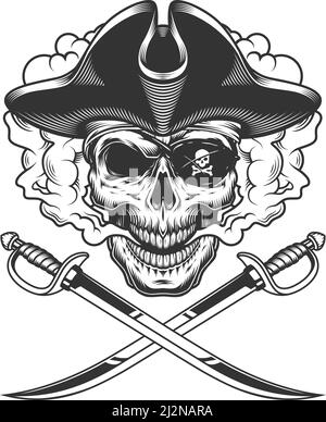 Skull with crossed sabers. Pirate concept art in cartoon style Stock ...