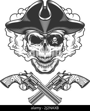 Vintage pirate skull with eye patch in smoke cloud with crossed pistols isolated vector illustration Stock Vector