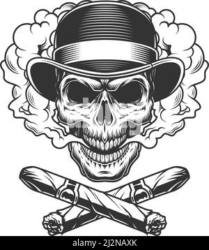 Vintage gentleman skull in fedora hat with crossed cuban cigars isolated vector illustration Stock Vector