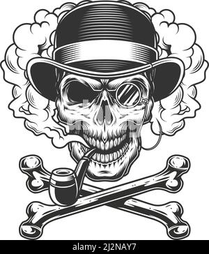 Vintage monochrome skull in fedora hat with rimless eyeglass and crossbones in smoke cloud isolated vector illustration Stock Vector