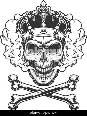 Vintage monochrome king skull wearing crown in smoke cloud with crossbones isolated vector illustration Stock Vector