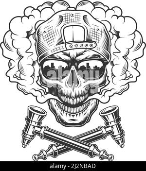 Vintage hipster skull in smoke cloud wearing cap and sunglasses with crossed smoking pipes isolated vector illustration Stock Vector
