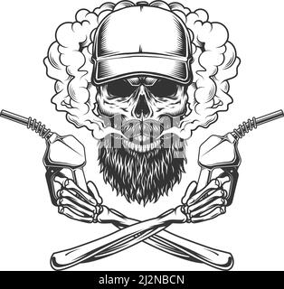 Bearded and mustached trucker skull in smoke cloud and crossed skeleton hands holding pump nozzles in vintage monochrome style isolated vector illustr Stock Vector