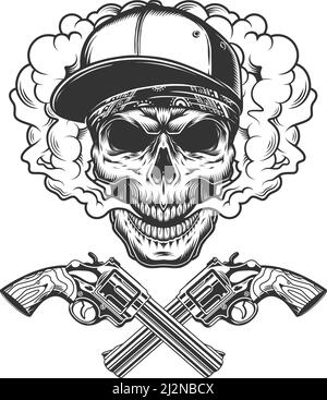 Vintage monochrome bandit skull wearing baseball cap and bandana in smoke cloud with crossed revolvers isolated vector illustration Stock Vector