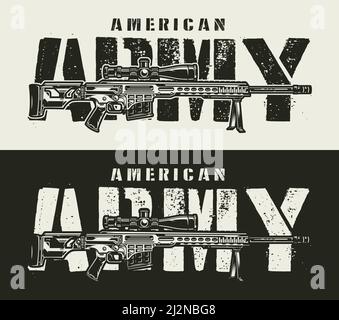 Vintage monochrome military horizontal concept with sniper rifle and American Army inscription vector illustration Stock Vector