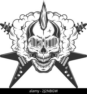 Vintage monochrome rock musician skull with crossed electric guitars ...