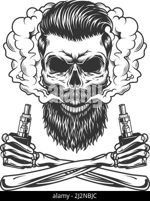 Vintage monochrome vaping concept with bearded and mustached hipster ...