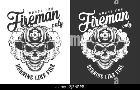 Vintage skull wearing fireman helmet badge in smoke cloud in monochrome style isolated vector illustration Stock Vector